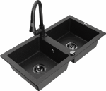 Granitinė virtuvinė plautuvė Mexen Mario su mai&scaron;ytuvu ir sifonu, Metallic juodas/sidabrinis+Juodas