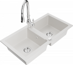 Granitinė virtuvinė plautuvė Mexen Mario su mai&scaron;ytuvu ir sifonu, Baltas+Chrome