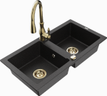 Granitinė virtuvinė plautuvė Mexen Mario su mai&scaron;ytuvu ir sifonu, Metallic juodas/sidabrinis+Gold