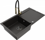 Granitinė virtuvinė plautuvė Mexen Leo su mai&scaron;ytuvu ir sifonu, Metallic juodas/auksinis+Juodas/Gold