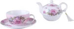 Arbata vienam, arbatinuko puodelio rinkinys, shabby chic flora, pauk&scaron;tis, rožė, drugelis, porcelianinė dovanų dėžutė (rožinė)
