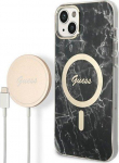 Rinkinys Guess GUBPP14SHMEACSK Case+ Charger iPhone 14 6,1" juodas/juodas kietas dėklas Marble MagSafe