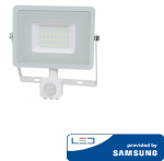30W LED prožektorius V-TAC, 3000K (&scaron;iltai balta), su judesio davikliu, baltu korpusu, SAMSUNG LED chip