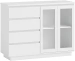 TV staliukas Koduva Pastatoma spintelė, 4 stalčiai, 2 stiklinės durys, modernus dizainas, MDF, balta