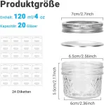 Culncraz 120 ml stiklainiai konservavimui, 20 vnt. stiklainių su įprasto pločio anga su sidabriniais aliuminio dangteliais ir žiedais, sandarūs stiklainiai maisto laikymui, konservavimui, avižoms per naktį, fermentavimui