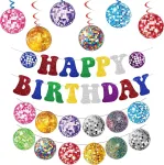 Disco dekoracijų gimtadienio girliandų rinkinys - 8 dalys spalvinga "happy Birthday" girlianda ir disko kamuolio pakabinami sūkuriai su blizgučiais gimtadienio dekoravimui 70-ųjų 80-ųjų 90-ųjų vakarėlio dekoracijos