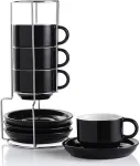 Sweejar Home porcelianiniai cappuccino puodeliai su lėk&scaron;tutėmis ir metaliniu stovu, sudedami espresso puodeliai specialiems kavos gėrimams, latte, americano, arbatai, 4 vnt. rinkinys (juodas, 120 ml)