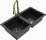 Granitinė virtuvinė plautuvė Mexen Mario su mai&scaron;ytuvu ir sifonu, Metallic juodas/auksinis+Gold