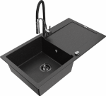 Granitinė virtuvinė plautuvė Mexen Leo su mai&scaron;ytuvu ir sifonu, Metallic juodas/sidabrinis+Juodas/Chrome