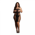 Shots KissMePlus Knee-Length Lace & Fishnet Dress, Deep V, Plus Size, Juodas