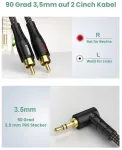 Rawaux rca į jack 3.5 mm kabelis 90 laipsnių 3.5 mm jack į 2 rca kabelis 24k paauksuotas stereo rca audio kabelis televizoriui, i&scaron;maniajam telefonui, ne&scaron;iojamam kompiuteriui, namų kinui, stiprintuvui (1 m, 3.5 x 2 rca - juodas)