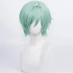 Žydras anime perukas su trumpais tiesiais kar&scaron;čiui atsparaus sintetinio pluo&scaron;to plaukais Helovino komiksų konvento cosplay pasirodymui