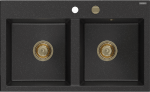 Granitinė virtuvinė plautuvė Mexen Hektor su sifonu, Metallic juodas/sidabrinis+Gold, 800 x 480 mm