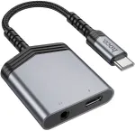 Adapteris AUX 2w1 USB C į USB C / Jack 3,5 mm Hoco 27W LS39 metalinis pilkas