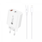 Hurtel A6MaxL 20W USB-A USB-C laidinis įkroviklis su 1m USB-C - Lightning kabelis - baltos spalvos