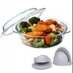 Winder Home Ovalus kar&scaron;čiui atsparus stiklinis indas 1L su dangčiu + įvairių spalvų silikoninės virtuvinės pir&scaron;tinės