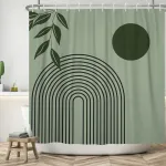 Asdcxz Boho du&scaron;o užuolaida 180 x 200 cm, moderni abstrakti žalios lapų saulės linijos &scaron;alavijų žalios vonios kambario plaunamos du&scaron;o užuolaidos poliesterio tekstilės vandeniui atspari vonios užuolaida voniai su 12 kabliukų