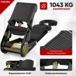 Tvirtinimo diržai - 1043 kg trūkimo stipris, 4 x 4.57 m su terk&scaron;le - 4 mink&scaron;tos tvirtinimo kilpos, tvirtinimo diržai su kabliais pagaminti i&scaron; dengto metalo - guminės rankenos - krep&scaron;ys (juodas)