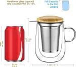 Dvigubo sienelių stiklinis arbatos puodelis su filtru, 430 ml