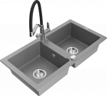 Granitinė virtuvinė plautuvė Mexen Mario su mai&scaron;ytuvu ir sifonu, Pilkas+Juodas/Chrome