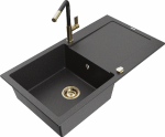 Granitinė virtuvinė plautuvė Mexen Leo su mai&scaron;ytuvu ir sifonu, Juodas granite+Juodas/Gold