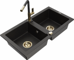 Granitinė virtuvinė plautuvė Mexen Mario su mai&scaron;ytuvu ir sifonu, Metallic juodas/auksinis+Juodas/Gold
