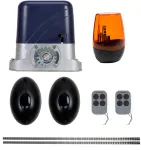PNI AP800D vartų automatikos komplektas, kurį sudaro 4 m metalinis krumpliastiebis, fotoelementai, nuotolinio valdymo pultas, signalinė lemputė, 230V variklis, 1100 N jėga ir 800 kg stumdomiems vartams