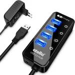Usb &scaron;akotuvas su maitinimo &scaron;altiniu, atolla usb 3.0 aktyvus &scaron;akotuvas su 4 prievadais superspartus duomenų perdavimas ir jungiklis, usb skirstytuvas su i&scaron;maniuoju įkrovimo prievadu ir 15w (5v/3a) maitinimo adapteriu