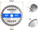 Ninehole 3 vnt. 160 x 20 mm x 36/48/60t diskinis pjūklo diskas skirtas medžiui, fanerai, laminatui, gipso kartonui, plastikui, plastikui (36, 48, 60 dantų)
