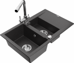 Granitinė virtuvinė plautuvė Mexen Gaspar su mai&scaron;ytuvu ir sifonu, Juodas granite+Chrome