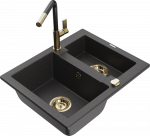 Granitinė virtuvinė plautuvė Mexen Carlos su mai&scaron;ytuvu ir sifonu, Juodas granite+Juodas/Gold