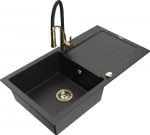 Granitinė virtuvinė plautuvė Mexen Leo su mai&scaron;ytuvu ir sifonu, Metallic juodas/sidabrinis+Juodas/Gold