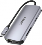 Unitek D1122A01 aktyvus USB-C &scaron;akotuvas 5Gbps, 2x HDMI 4K, kortelių skaitytuvas, RJ-45, PD 100W