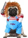 Diydec juokingi chucky &scaron;uns drabužiai, helovino &scaron;uns kostiumo perukas ir peilis, siaubingas &scaron;uns kostiumas helovino naminių gyvūnėlių cosplay vakarėliui