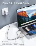 Raviad 100 W usb c į multi usb trumpas kabelis [50 cm] 3-in-1 įkrovimo kabelis su e-mark lustu greito įkrovimo kabelis usb c į usbc [100w] + micro [10w] + lightning [27w], skirtas iphone 15/14, galaxy s24/s23