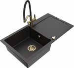 Granitinė virtuvinė plautuvė Mexen Leo su mai&scaron;ytuvu ir sifonu, Metallic juodas/sidabrinis+Juodas/Gold