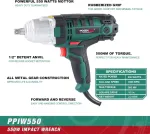 Posenpro smūginis veržliasukis 550 W, sukimo momentas 500 Nm, mink&scaron;ta rankena, sukimas pagal / prie&scaron; laikrodžio rodyklę, 3800 aps/min, 1/2 colio įrankio laikiklis, komplekte 4 galvutės ir transportavimo dėklas