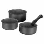 Arthur Martin AM777GM virtuvės keptuvių rinkinys su baterijomis, 3 keptuvės - matinės pilkos spalvos, 16-18-20 cm + 1 nuimama rankena - visos lemputės, įskaitant indukcinę