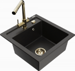 Granitinė virtuvinė plautuvė Mexen Vito su mai&scaron;ytuvu ir sifonu, Metallic juodas/auksinis+Gold