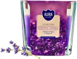 Aura vaivoryk&scaron;tinė žvakė stiklinėje - levandų aromatas, 32 valandų degimo laikas, parafino va&scaron;kas, žvakė 170 g, dovanojimo žvakė, malonus ir atpalaiduojantis levandų aromatas