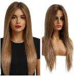 Perukas Lace Front ilgi tiesūs plaukai atrodantys blondinės ir rudos spalvos