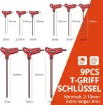 Getliotool T formos raktų rinkinys, 9 dalių metrinis T formos atsuktuvų rinkinys, S2 plienas, didelis tvirtumas ir kietumas, Allen rakto galvutė 2 mm - 10 mm su skersinėmis rankenomis organizatoriuje