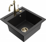 Granitinė virtuvinė plautuvė Mexen Vito su mai&scaron;ytuvu ir sifonu, Metallic juodas/sidabrinis+Gold