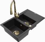 Granitinė virtuvinė plautuvė Mexen Gaspar su mai&scaron;ytuvu ir sifonu, Metallic juodas/sidabrinis+Gold