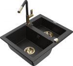 Granitinė virtuvinė plautuvė Mexen Carlos su mai&scaron;ytuvu ir sifonu, Metallic juodas/sidabrinis+Juodas/Gold