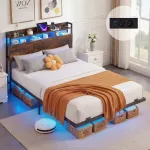Lova Lovos rėmas su RGB LED ap&scaron;vietimu ir paslėptomis atraminėmis kojomis, rustikinės rudos ir juodos spalvos, 218 &times; 140 &times; 106 cm