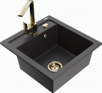 Granitinė virtuvinė plautuvė Mexen Vito su mai&scaron;ytuvu ir sifonu, Juodas granite+Gold