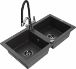 Granitinė virtuvinė plautuvė Mexen Mario su mai&scaron;ytuvu ir sifonu, Juodas granite+Juodas/Chrome