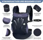 Toffcaea ne&scaron;yklė kūdikiams - ergonomi&scaron;ka, lengva ne&scaron;ioti, i&scaron; grynos medvilnės, lengva, su reguliuojamu diržu, naujagimiams nuo 3 iki 18 mėnesių (tamsiai mėlyna)