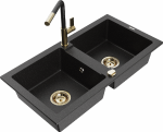 Granitinė virtuvinė plautuvė Mexen Mario su mai&scaron;ytuvu ir sifonu, Metallic juodas/sidabrinis+Juodas/Gold